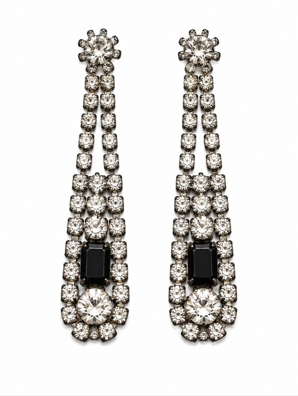 Vintage MCM Elegant Long Silver and Black Crystal Drop Earrings